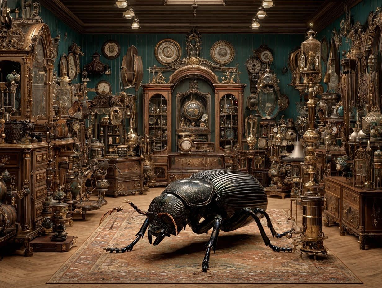 A giant black beetle on a Persian rug in an antique shop crowded with clocks and carved cabinets