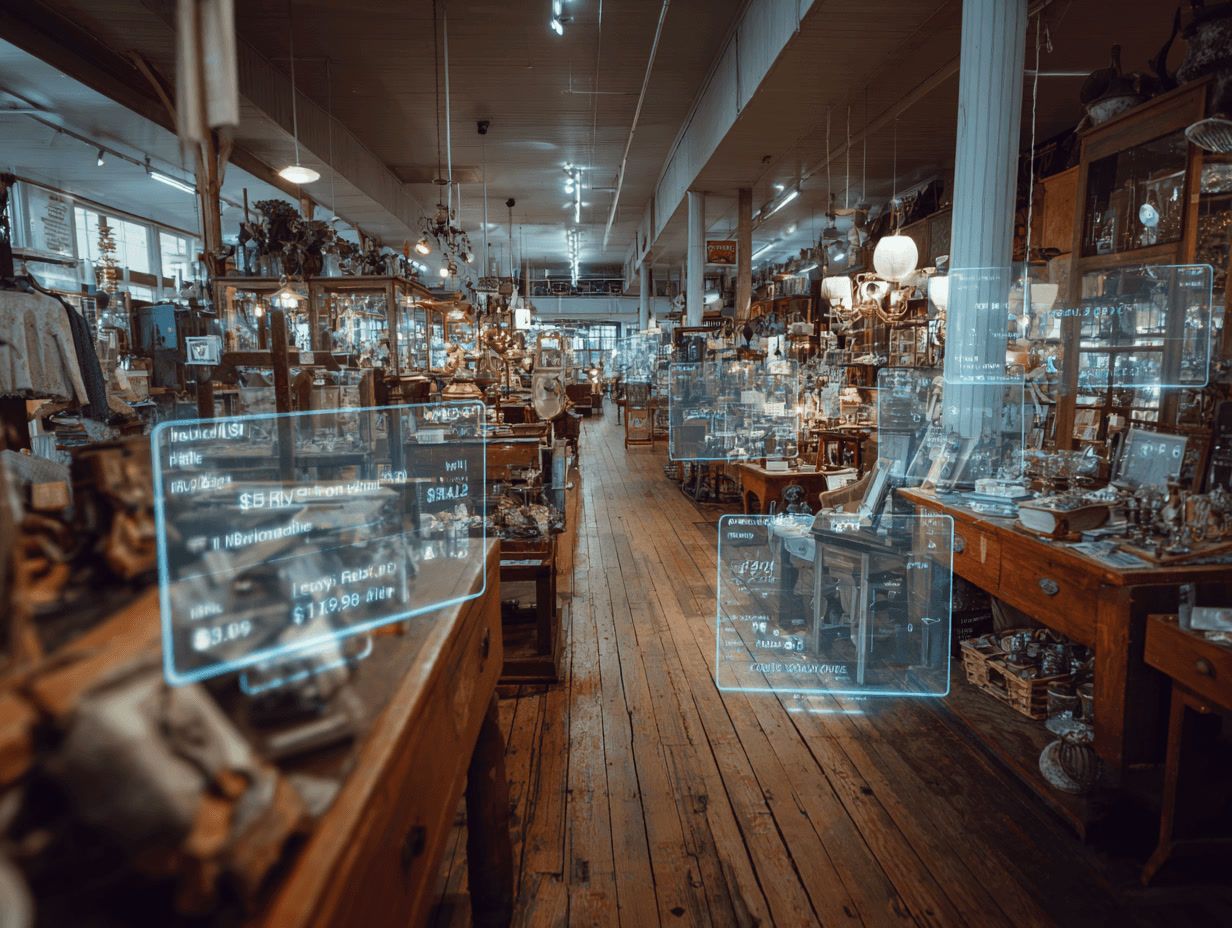 A long antique mall aisle with glowing holographic dashboards floating over the display cases