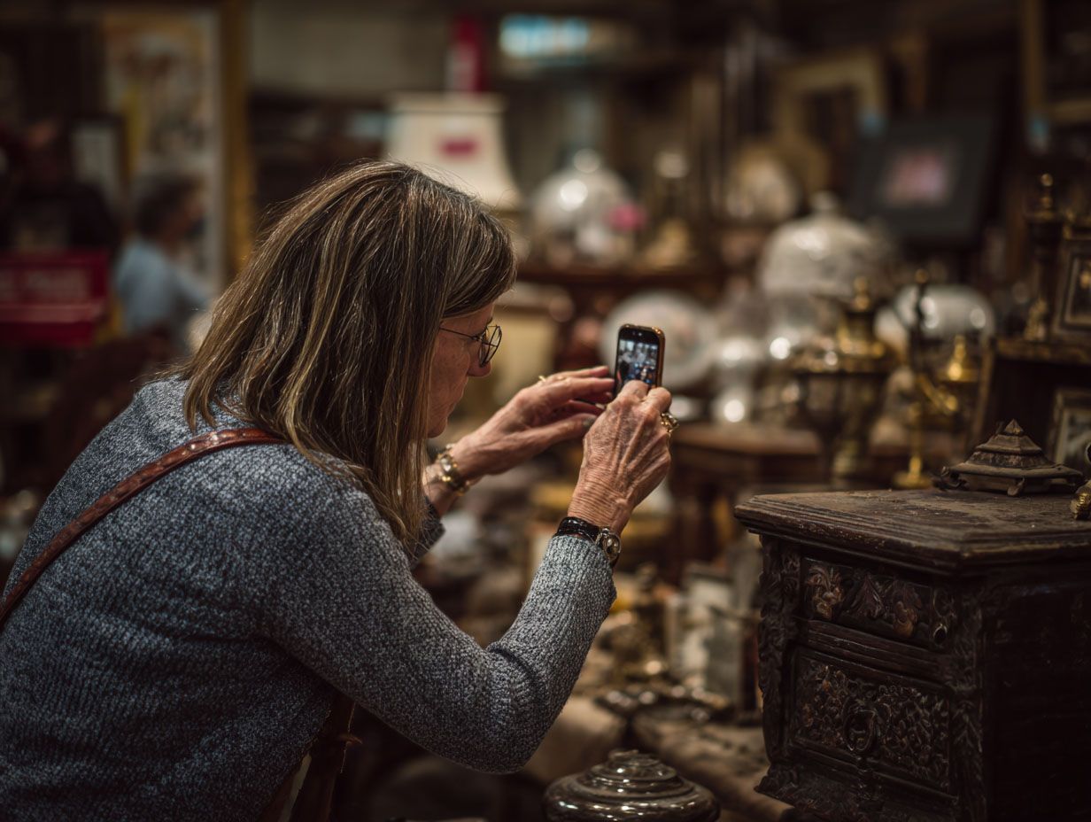 A shopper photographs an antique with her phone in a dim, crowded antique shop